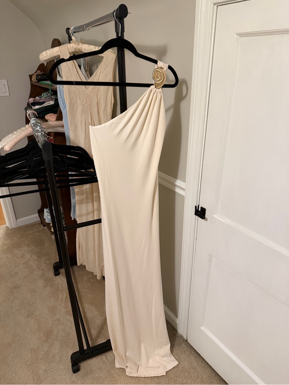Peppermayo Cream One-Shoulder Gown with Gold Accent